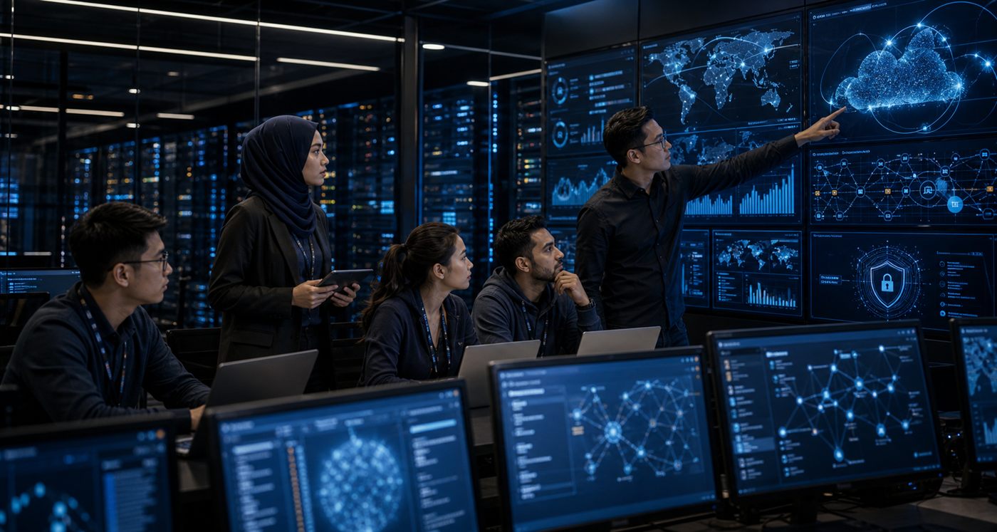 IT engineers monitoring cloud infrastructure and cybersecurity operations