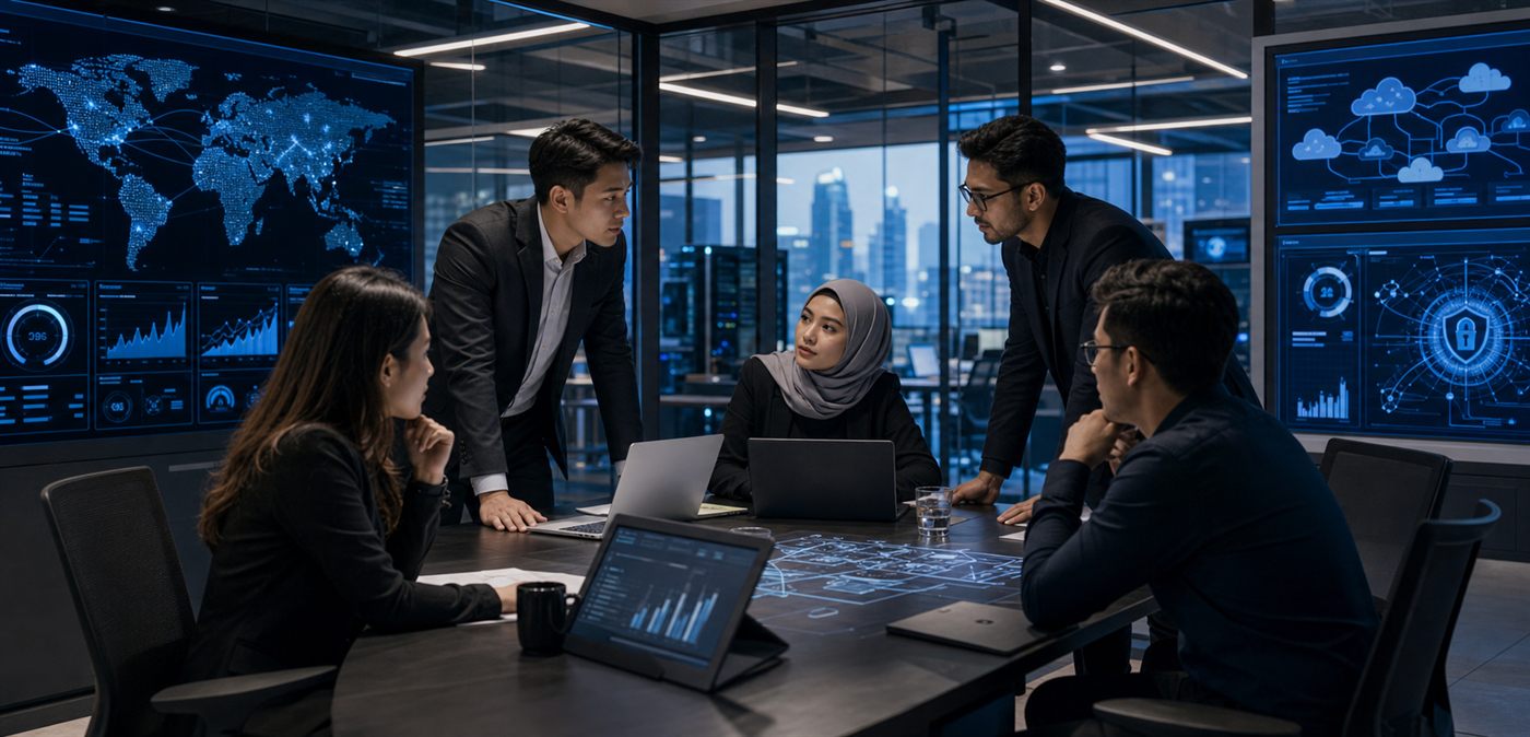 Professional team reviewing enterprise technology systems